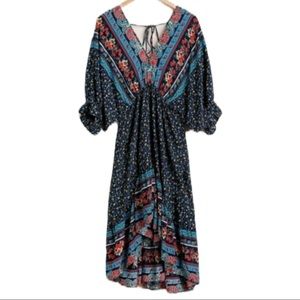 Umgee Mixed Print V Neck High Low Midi Dress